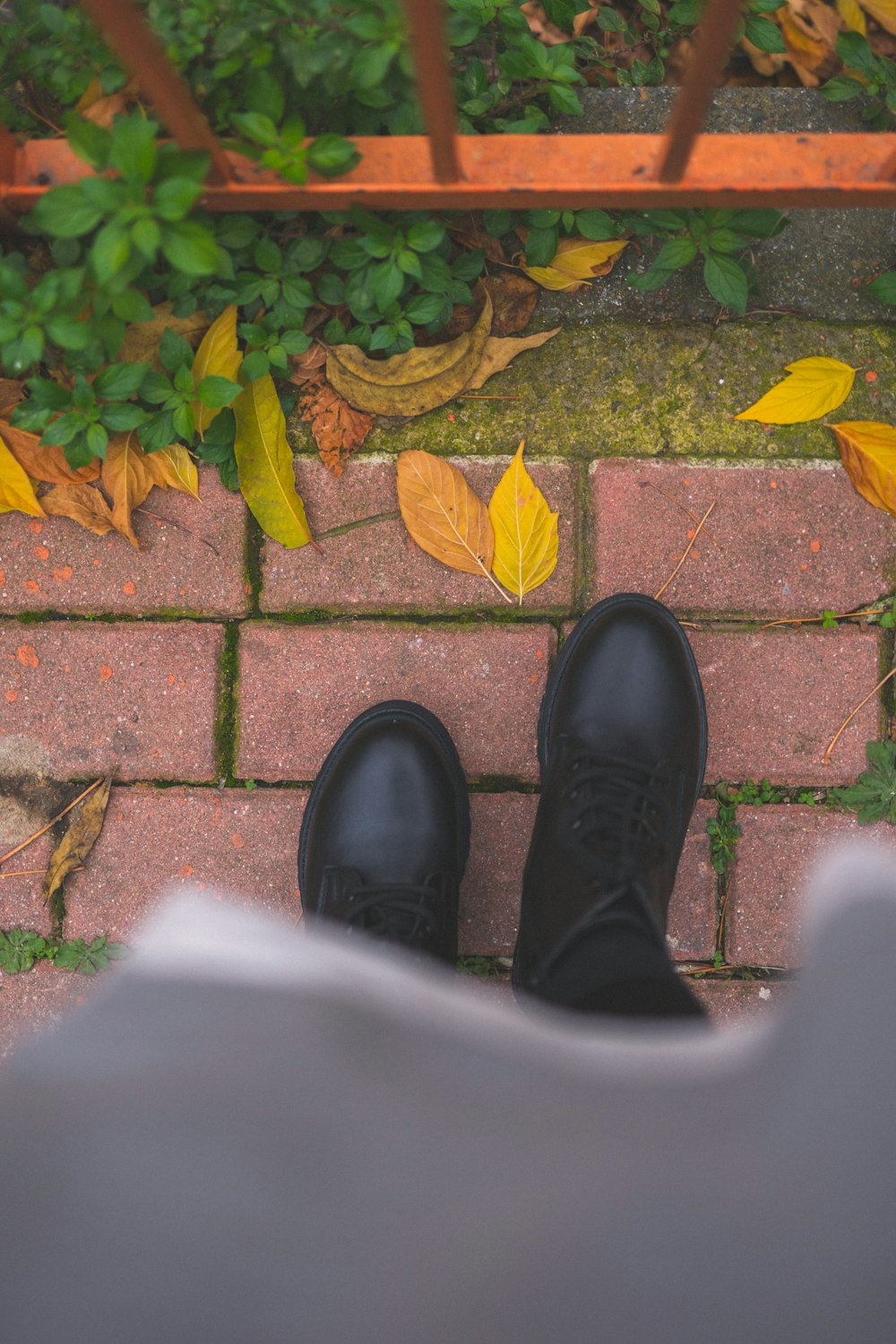 a pair of feet in black shoes on a brick surface