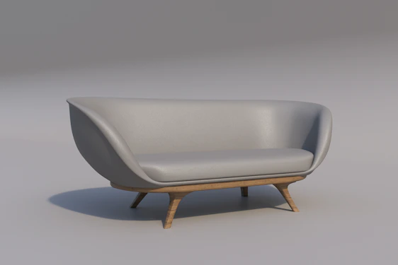A modern, minimalist sofa with a grey upholstery and wooden legs. The smooth curves and sleek design give it a contemporary feel, while the slightly curved backrest and cushioned seat add comfort. The light background enhances the elegant simplicity of the furniture piece.