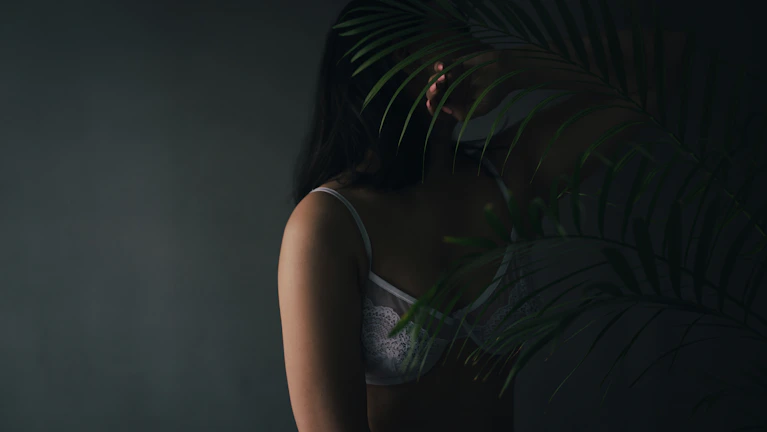 Close-up of a delicate lace bra from the Seduction Series, softly lit to highlight its metallic finish.