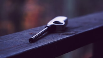 A long-handled lighter lies on a wooden surface, with a blurred background in soft, muted tones. The focus is on the lighter, highlighting its metallic and plastic components.