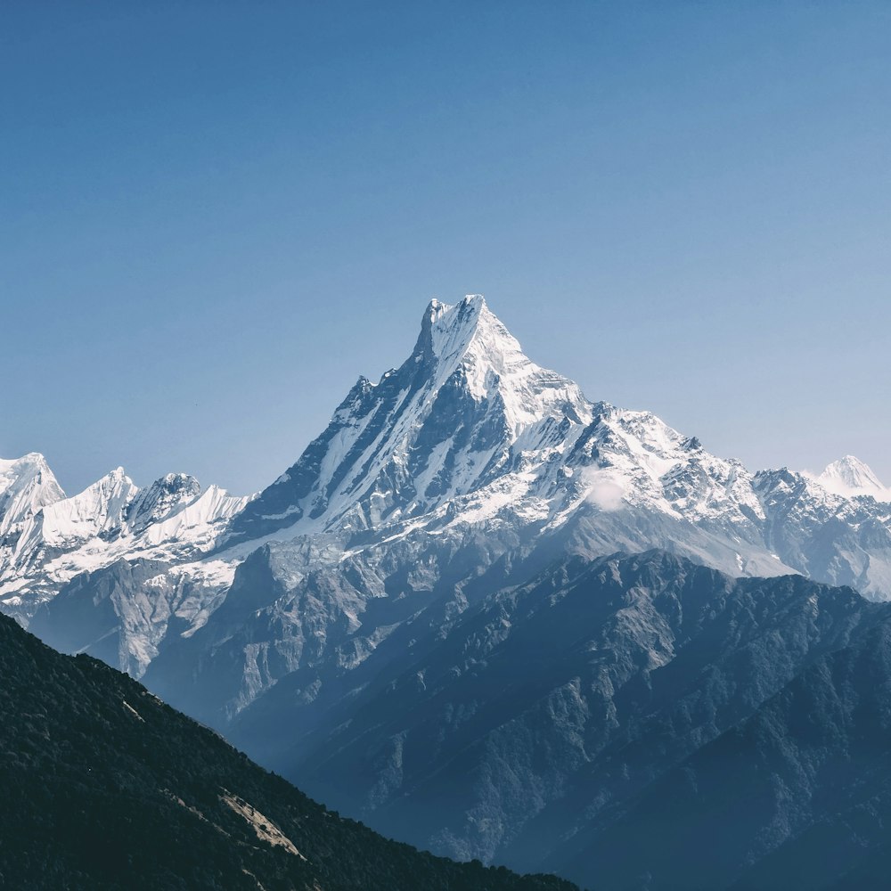 a snowy mountain with a blue sky