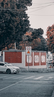 A street corner with a white car passing by a traffic sign indicating a speed limit of 20. The background features a wall with decorative red patterns and posters displayed on it. Overhead, there are power lines, and large trees with dark and orange-tinted leaves frame the scene.