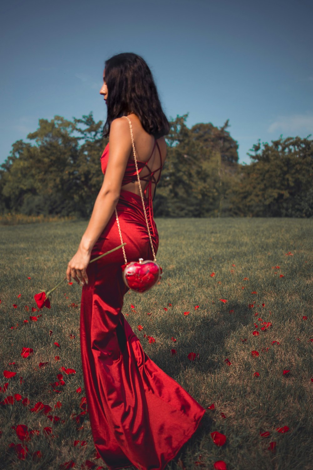 a person in a red dress holding a red ball in a field of flowers
