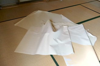 A pile of crumpled white papers or sheets lies on a tatami mat floor, which is typically found in traditional Japanese rooms. The papers appear to be somewhat disorganized and crumpled, contrasting with the neat and structured pattern of the mat.