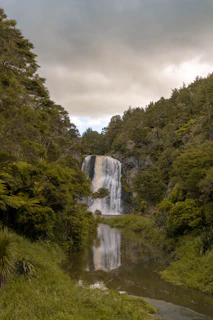 A serene Icelandic waterfall surrounded by lush greenery under a cloudy sky