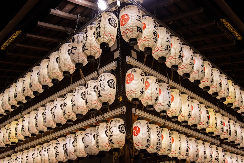 a large number of plates from a ceiling