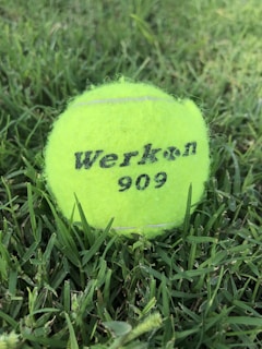 A bright yellow tennis ball rests on a grassy surface. The ball has 'Werkon 909' printed on it in black letters. The textured grass surrounds the ball, creating a natural, outdoor setting.