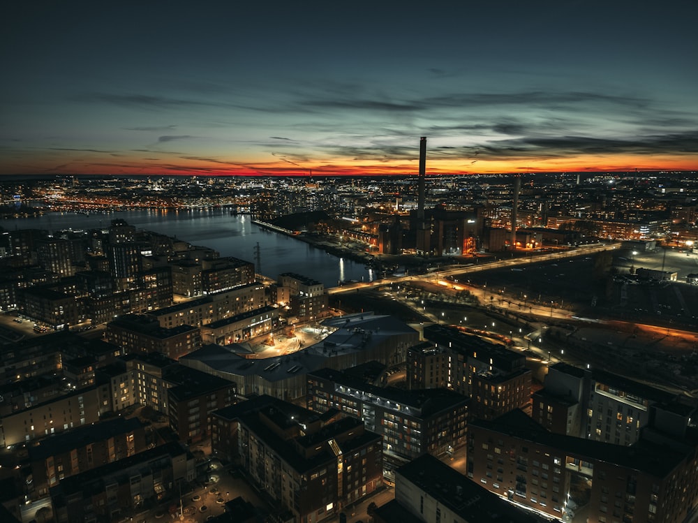 a city with a river and a bridge