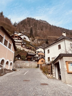 A picturesque mountain village with a cobblestone street leading upwards. Traditional wooden and stone houses are nestled against a steep hillside covered in bare trees, with a few evergreen trees interspersed. The sky is partly cloudy with patches of blue. The village has a quiet, charming atmosphere.