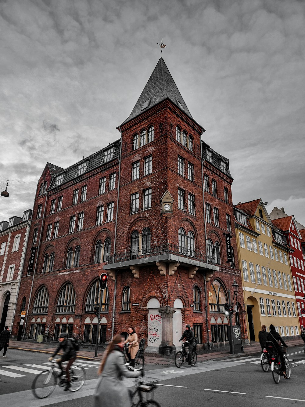 a large brick building with many windows