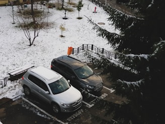 cars parked in a snowy parking lot