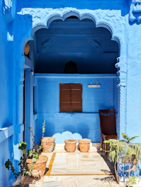 a blue door with a window