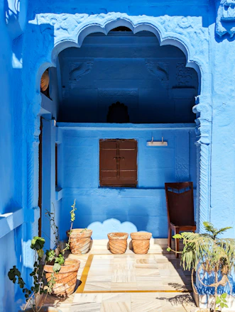 a blue door with a window