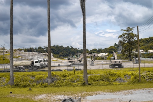 A construction site with heavy machinery including an excavator and trucks. The area is surrounded by a fence with a background of trees and a cloudy sky. Sparse vegetation and palm trees are visible in the foreground.