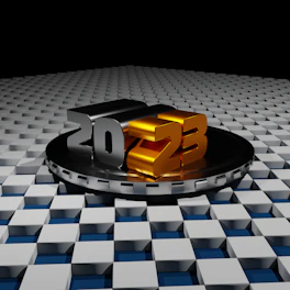 A geometric design featuring large 3D numbers '2023' in metallic colors, with '20' in silver and '23' in gold, set on a circular platform. The background consists of a grid of raised geometric blocks, creating a futuristic and abstract appearance.