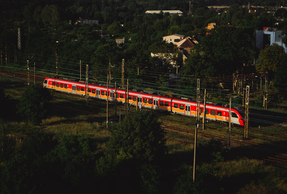 a train travels down the tracks