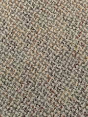 A close-up view of a textured carpet with a speckled pattern. The surface consists of tightly woven loops in various colors, predominantly gray, with interspersed specks of red, orange, yellow, and green.