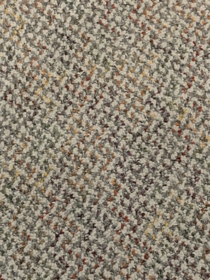 A close-up view of a textured carpet with a speckled pattern. The surface consists of tightly woven loops in various colors, predominantly gray, with interspersed specks of red, orange, yellow, and green.