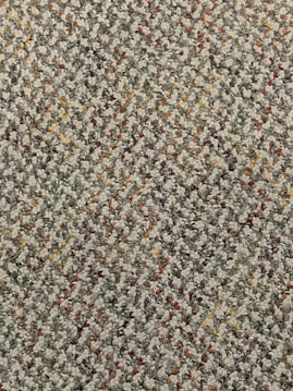 A close-up view of a textured carpet with a speckled pattern. The surface consists of tightly woven loops in various colors, predominantly gray, with interspersed specks of red, orange, yellow, and green.
