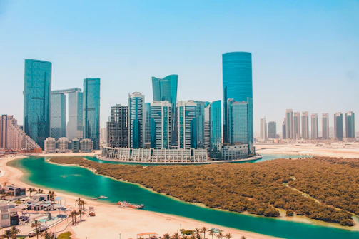 a city skyline with a park