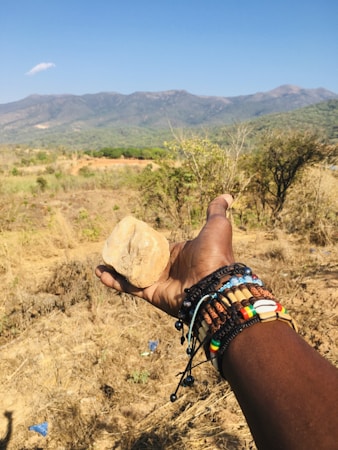 A hand adorned with colorful bracelets is holding a stone against a backdrop of a grassy landscape with scattered trees, and mountains in the distance under a clear blue sky.