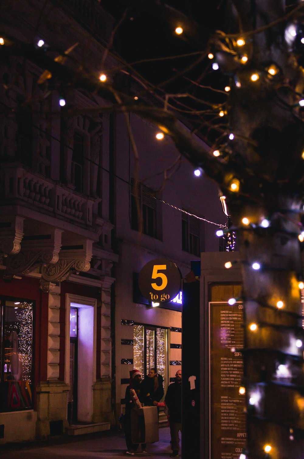 a group of people standing outside a building with christmas lights