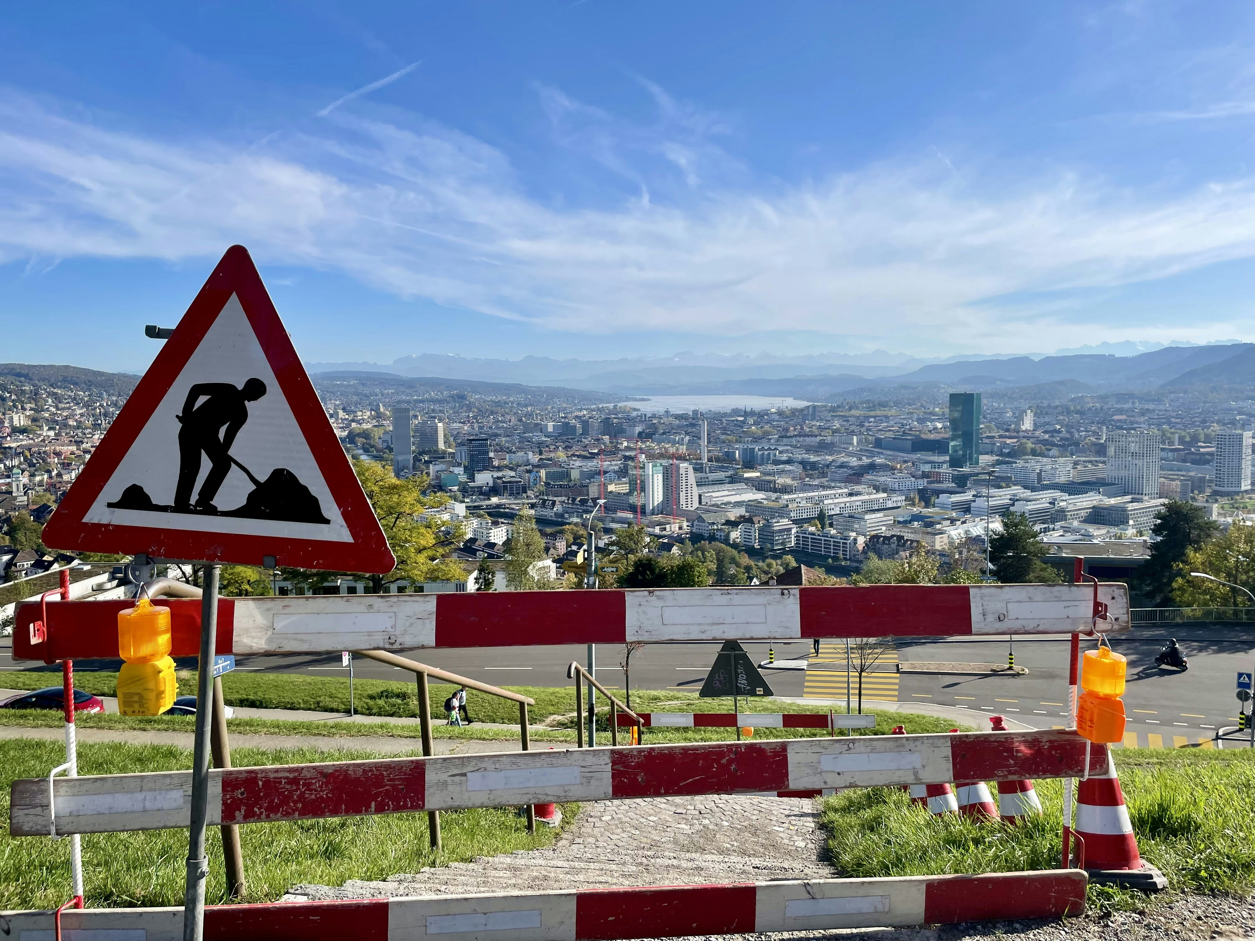 Construction site with road sign
