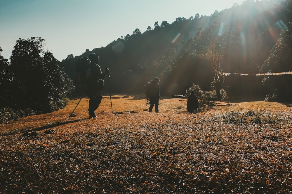 a group of people walking in a field