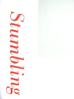 A word 'Stumbling' is prominently featured in red text against a light background, with a minimalist design.