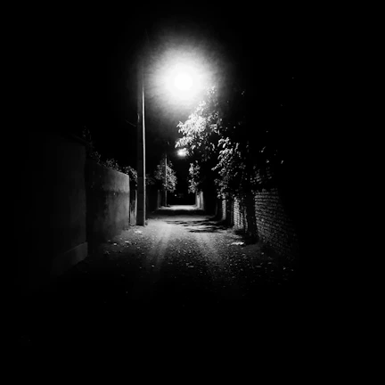 Dark alley illuminated by a single flickering street lamp casting long shadows