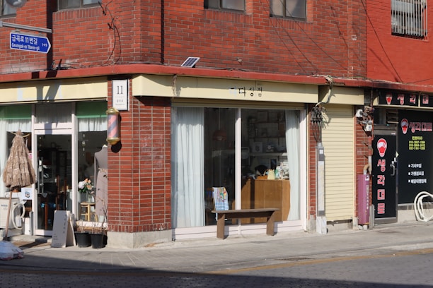 A street corner features a brick building with two storefronts. The left storefront has large glass windows with white curtains, displaying various items inside, and a sign with Korean text. A table with flowers, a mannequin, and plants are seen outside. The right storefront has a metal roll-up door, signage with red and white text, and additional decorations. The building is bathed in sunlight, casting shadows on the sidewalk.