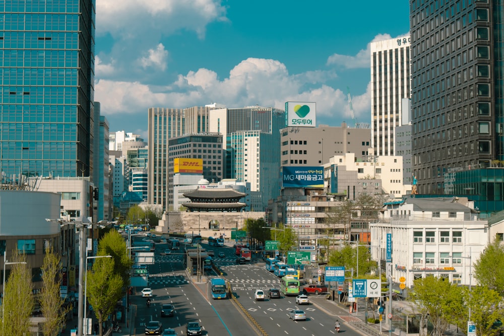 a city street with tall buildings