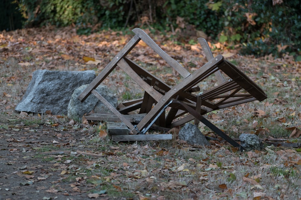 a broken wood bench