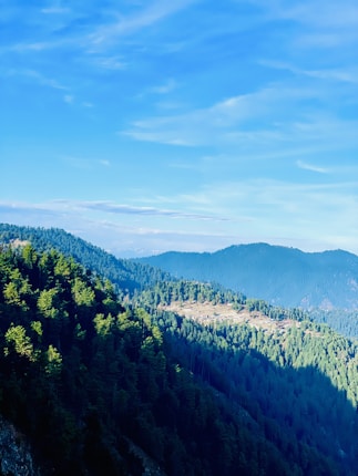 A breathtaking view of mountain ranges covered with dense forest under a bright blue sky. The lush greenery contrasts with the clear sky, suggesting a peaceful and serene natural environment.