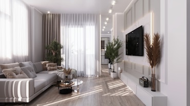 a living room with a large television