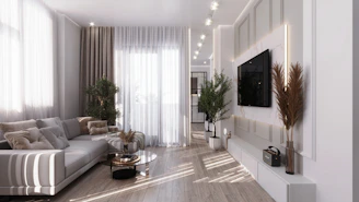 a living room with a large television