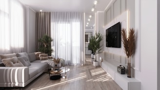 a living room with a large television