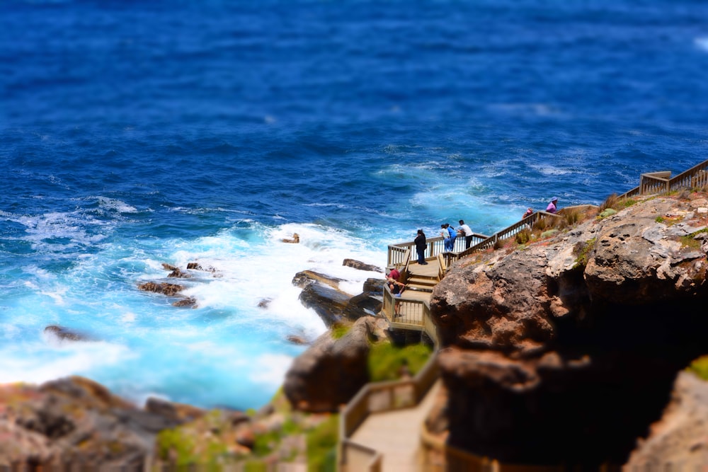 a group of people on a cliff above a body of water