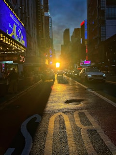 Vibrant pop art billboard in a busy city street at sunset