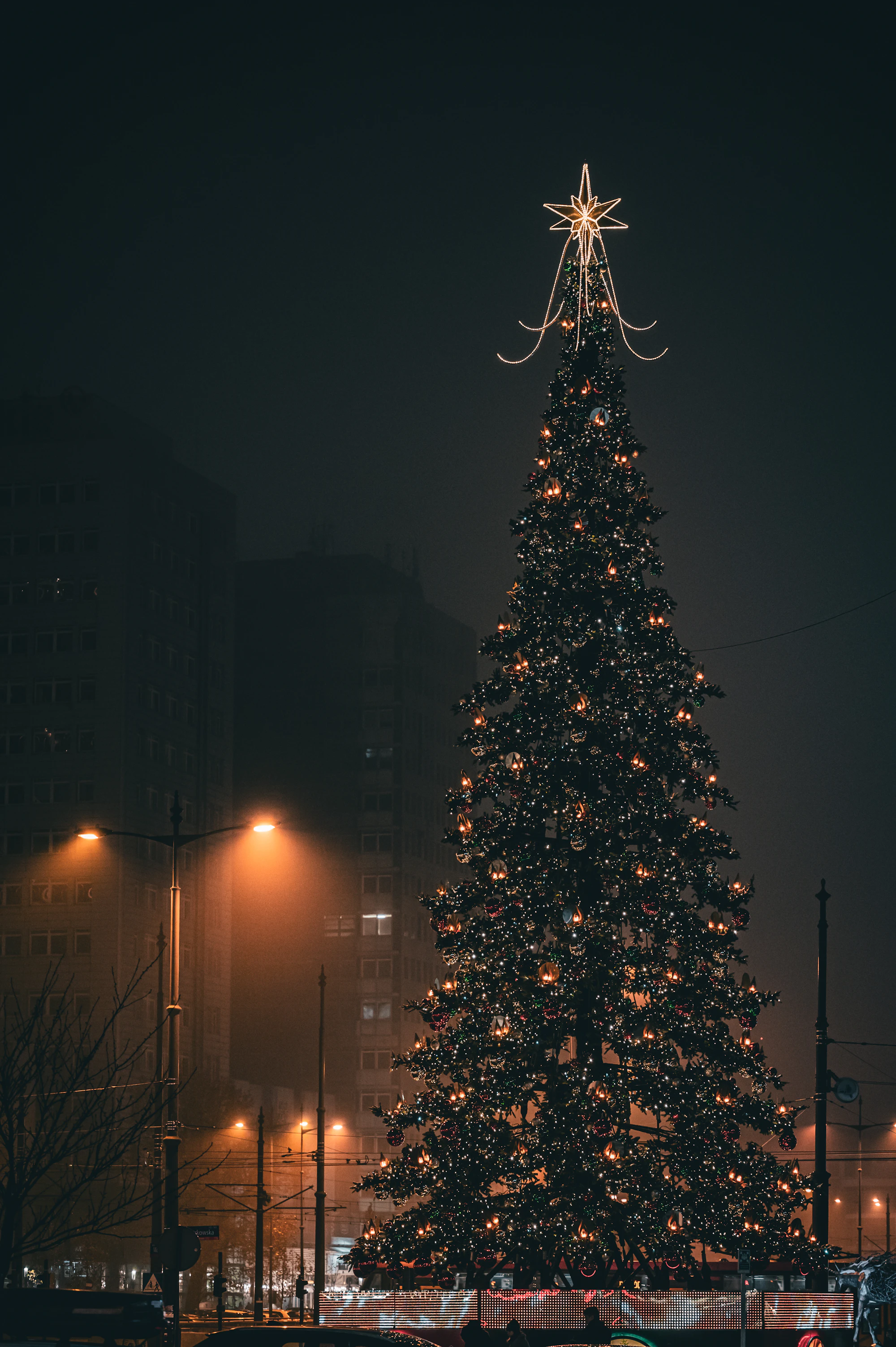 Grote verlichte kerstboom 's avonds