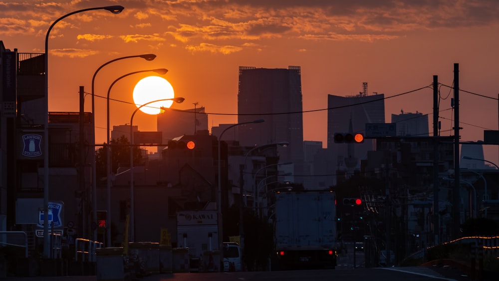 a city street at sunset