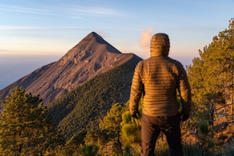 A person wearing a puffer jacket stands on a mountainside overlooking a steep, conical volcano. The scene is bathed in the warm light of sunset, with the trees casting long shadows and the sky transitioning from blue to pink. The volcano is prominently featured in the background, its slopes covered in dark rock and sparse vegetation.