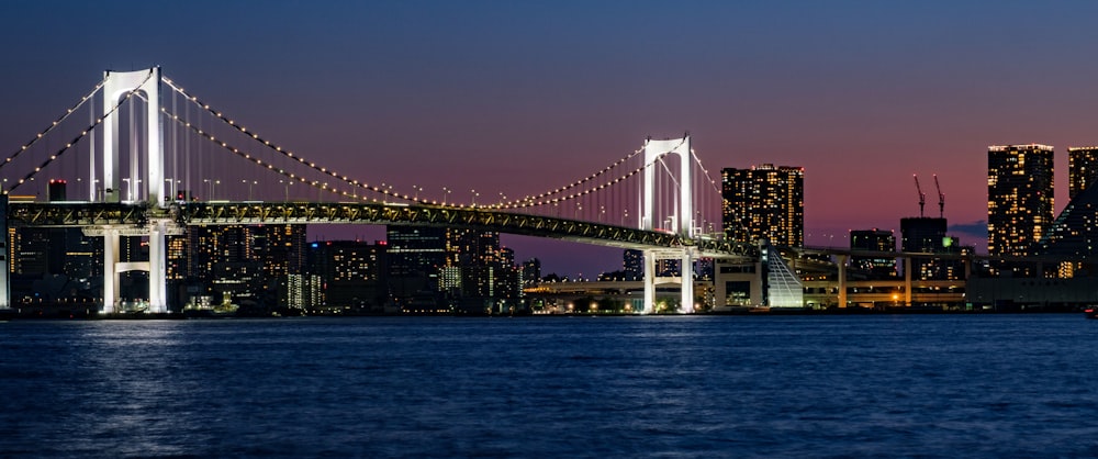 a bridge over water with buildings in the background