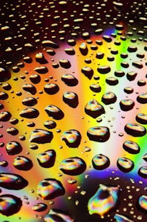 A vibrant palette of rain galore shades arranged artfully on a wet glass surface, droplets catching the light.