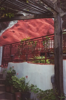 A rustic outdoor area with a wooden pergola and red stone wall featuring a staircase. The space is adorned with potted plants and surrounded by iron railings.