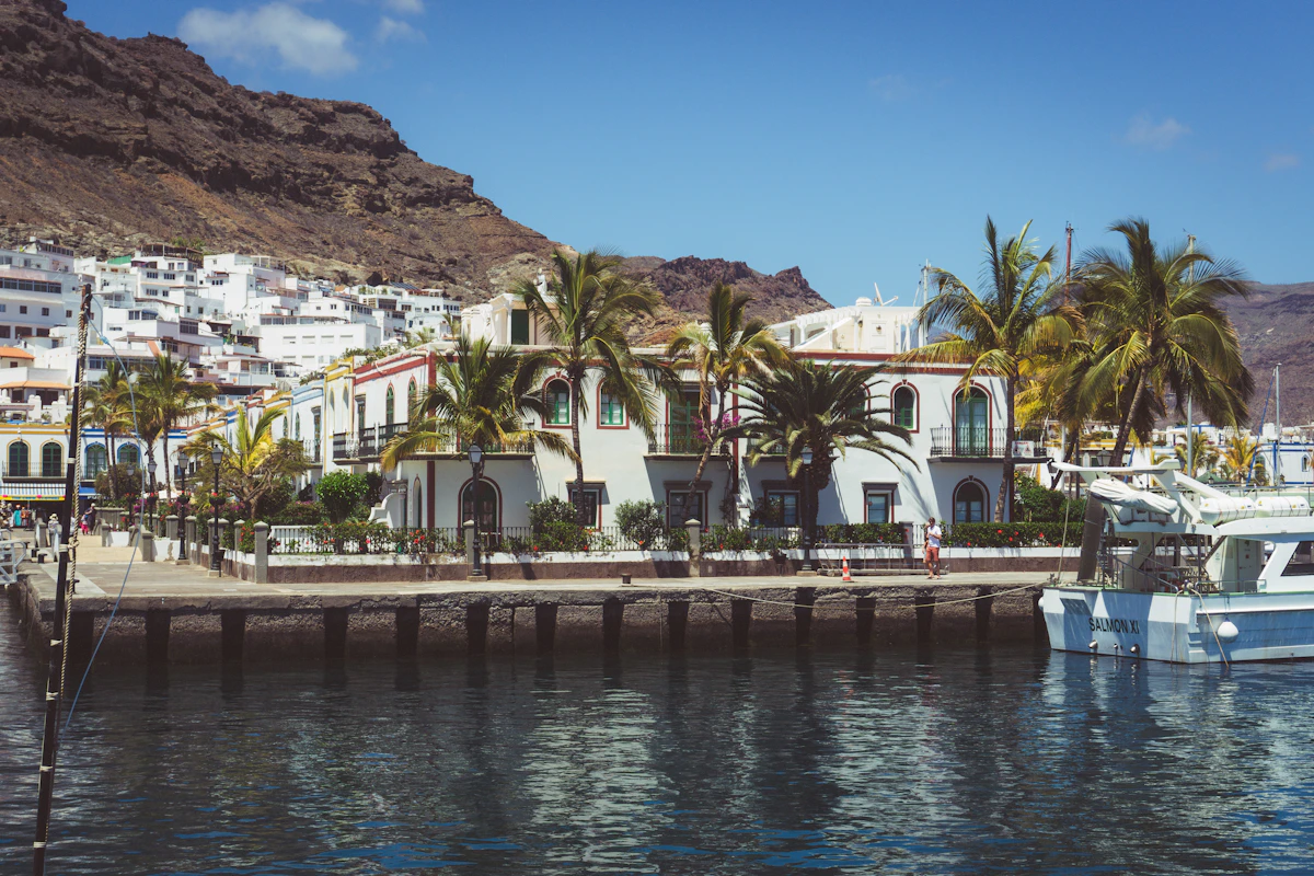 Harbour and waterfront buildings at Puerto de Mogan, Gran Canaria