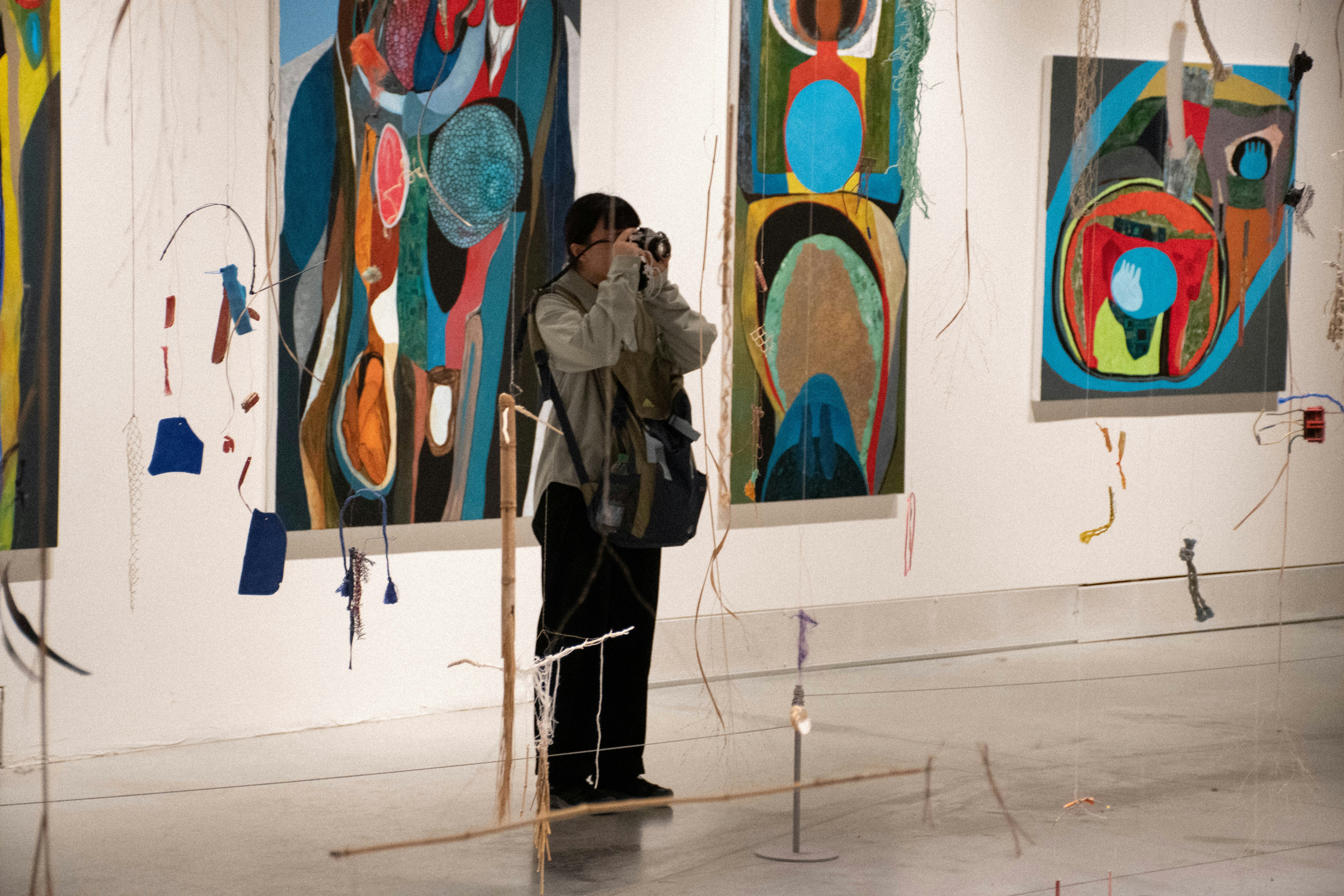 A person taking a picture of paintings