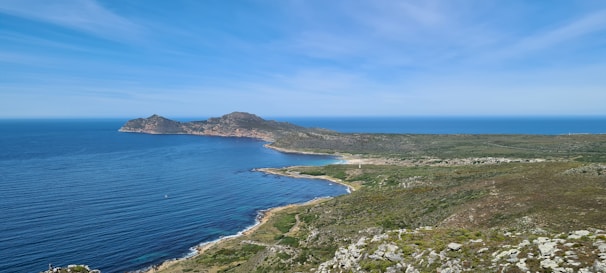 A panoramic view of a pristine coastline where land meets the vibrant sea.