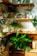 The image features a cozy corner filled with a variety of potted plants, displayed on wooden shelves and crates against a rustic white brick wall. There are different types of green leafy plants, some trailing down the shelves. Wooden elements and a soft, warm lighting enhance the natural and inviting atmosphere.