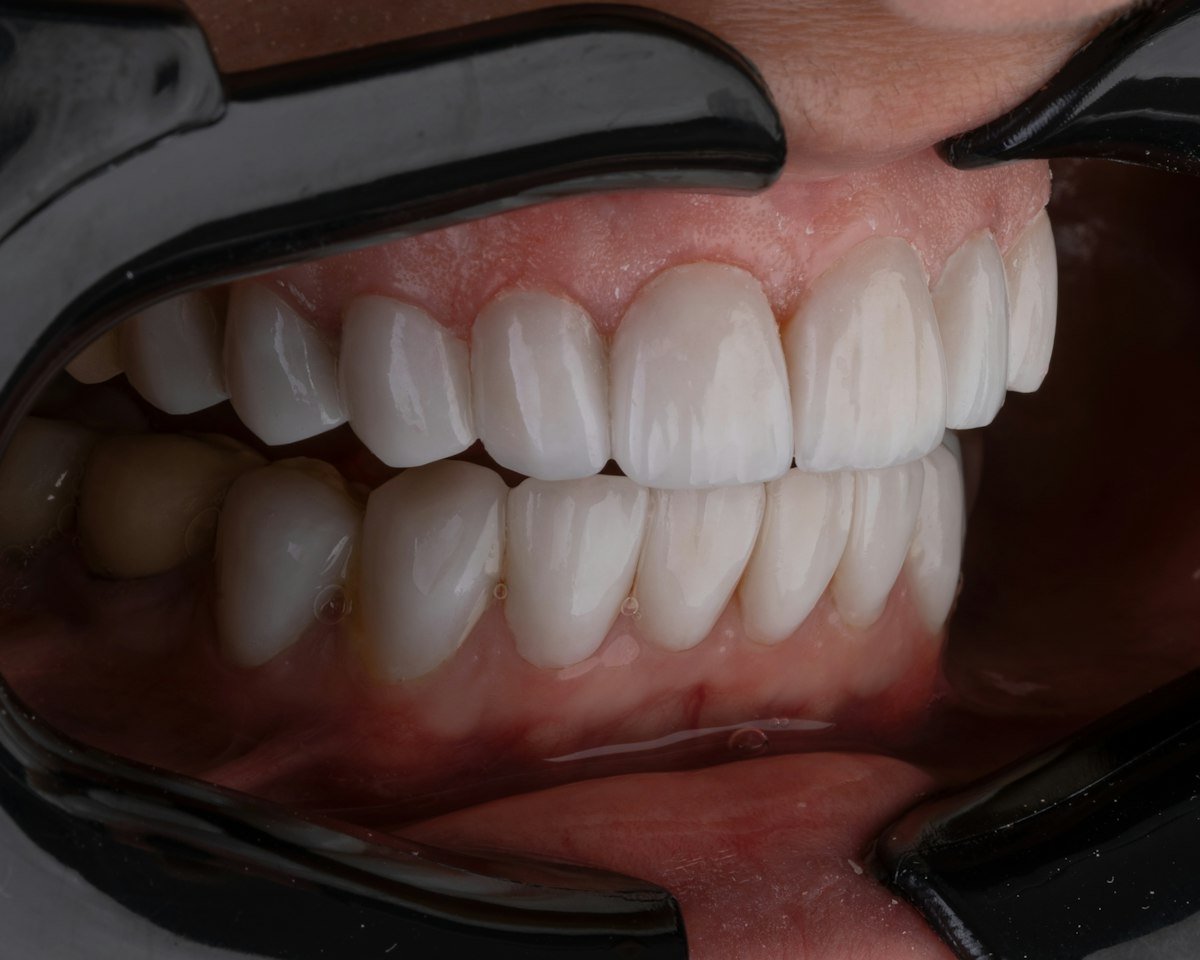 Close-up da boca de uma pessoa mostrando o encaixe entre os dentes superiores e inferiores